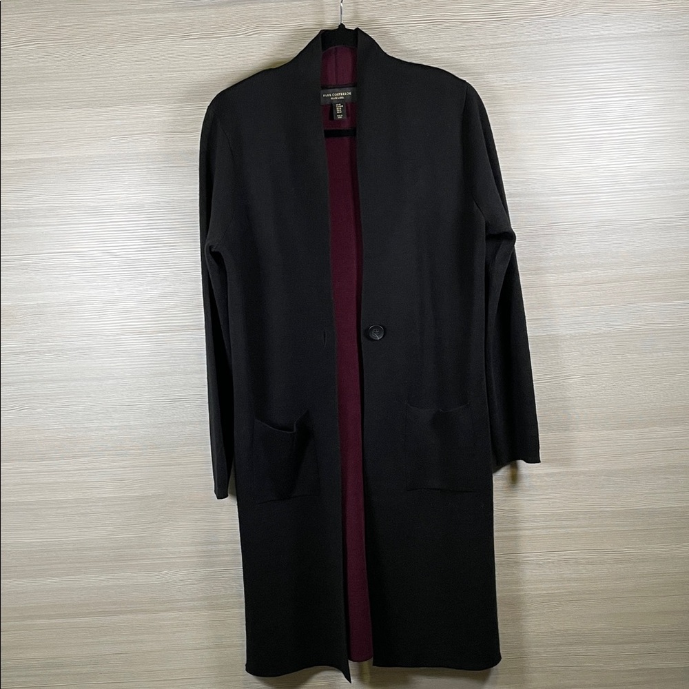 Paul Costelloe Black Label Black Duster Cardigan Burgundy Interior Single Button